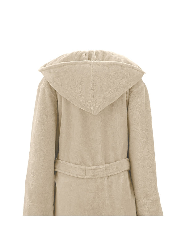 Peignoir teddy angora adulte ecru en coton polyester avec capuche et poches