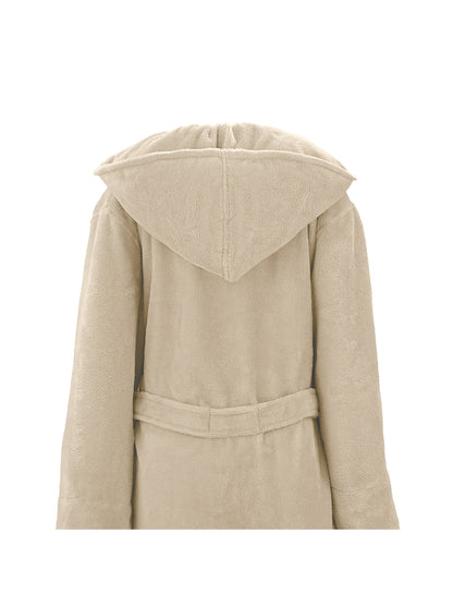 Peignoir teddy angora adulte ecru en coton polyester avec capuche et poches