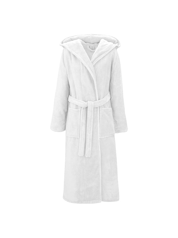 Peignoir teddy adulte blanc avec capuche, poches et passepoil cordelette