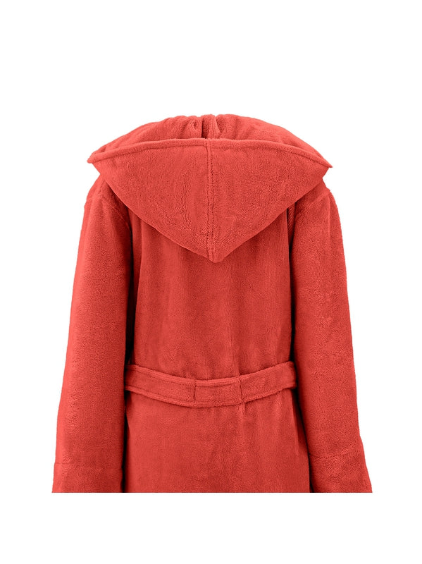 Peignoir teddy enfant rose corail 4-6 ans avec capuche et passepoil cordelette
