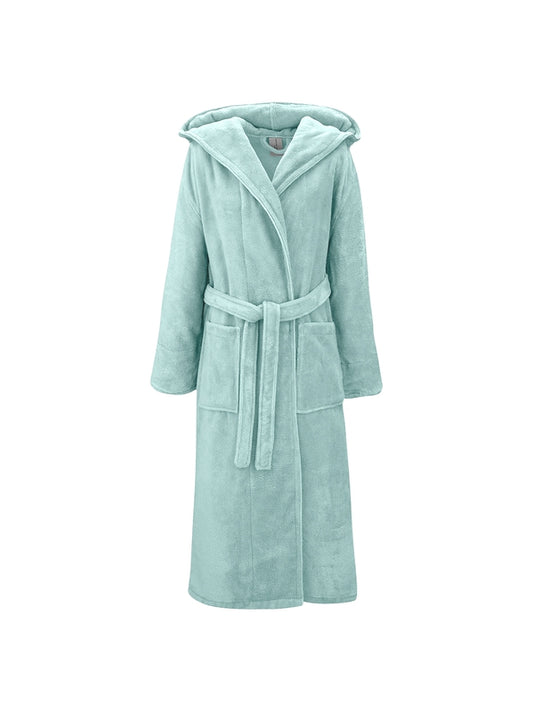 Peignoir teddy adulte glacier bleu avec capuche et finition passepoil cordelette