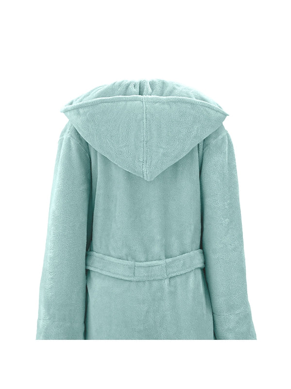 Peignoir teddy adulte glacier bleu avec capuche et finition passepoil cordelette