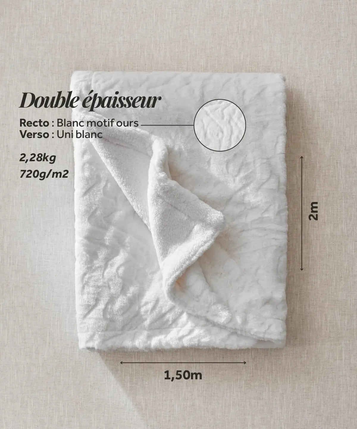 Plaid Ours Polaire Blanc posé à plat sur fond beige