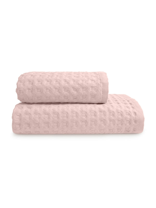Serviette éponge rose poudre 50x100 cm en coton nid d’abeille avec liteaux