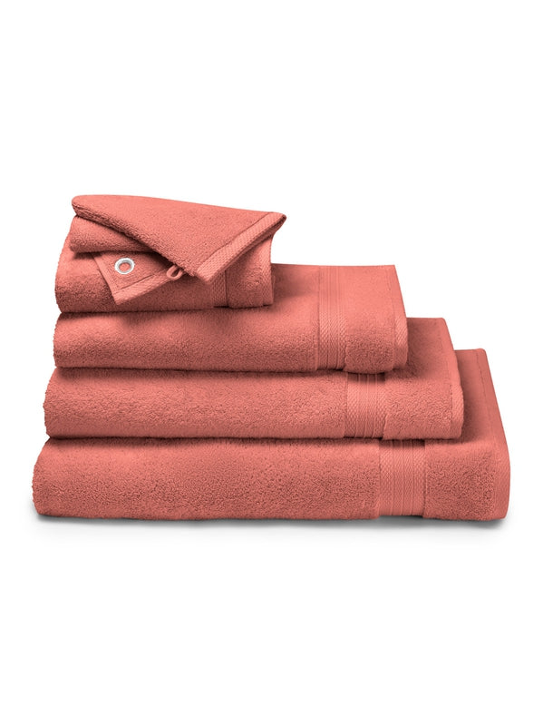 Serviette invités Elea corail 30x50 cm en coton, rose corail avec liteaux tissés