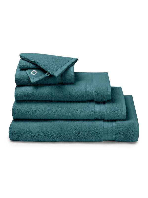 Serviette invités ELEA pétrole 30x50 cm en coton avec finitions liteau