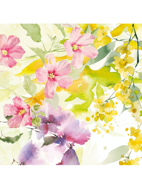 Serviette de table jaune 45x45 en coton et lin, motif souffle fleuri printemps