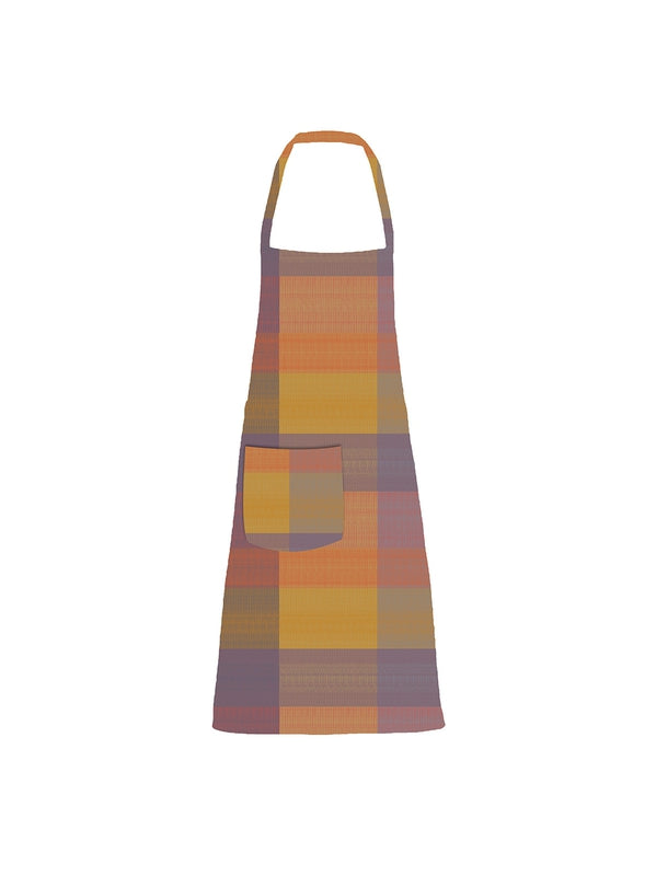 Tablier de cuisine enduit violet motif mille écossais avec poche, format 72x85 cm