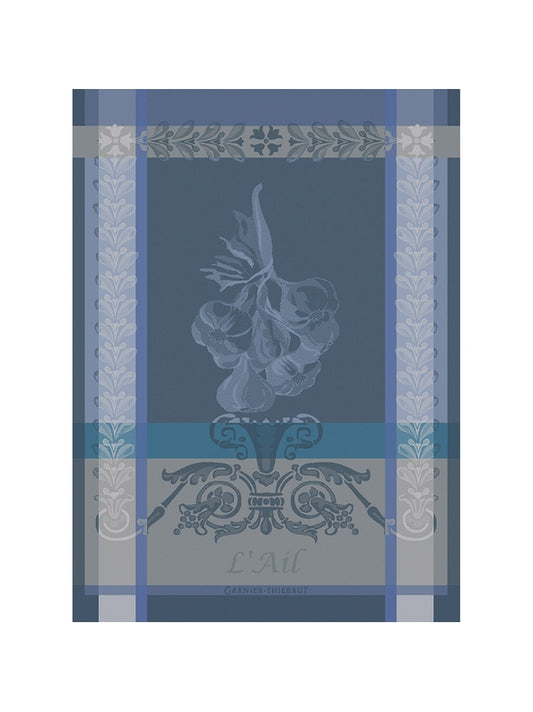 Torchon en coton bleu motif ail ardoise 56x77 cm