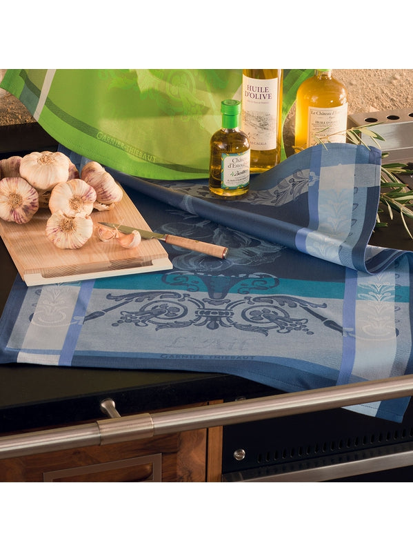 Torchon en coton bleu motif ail ardoise 56x77 cm