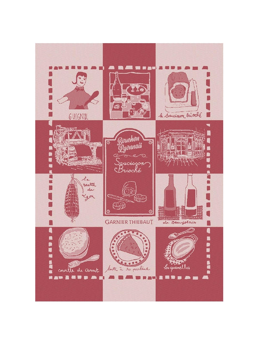 Torchon bouchon lyonnais rouge 50x70 en coton avec motif typique