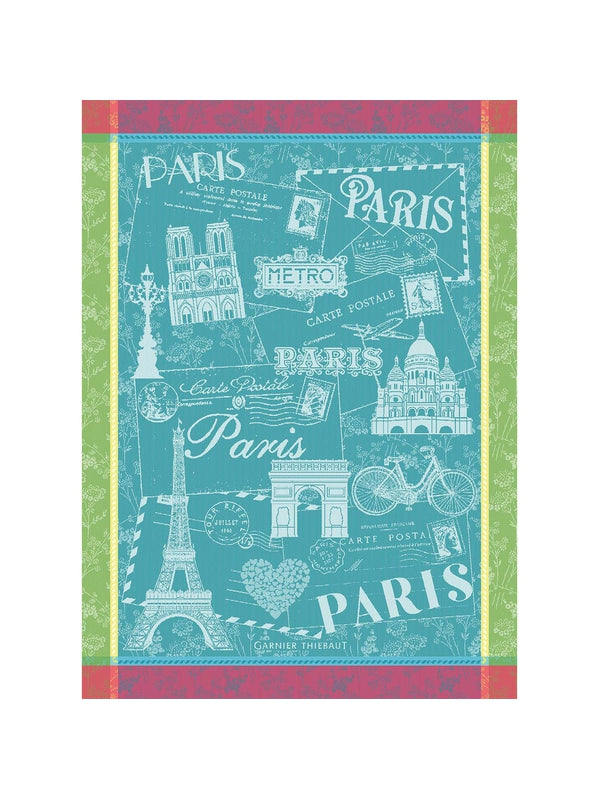 Torchon 100% coton motif carte de Paris coloris émeraude et canard 56x77 cm