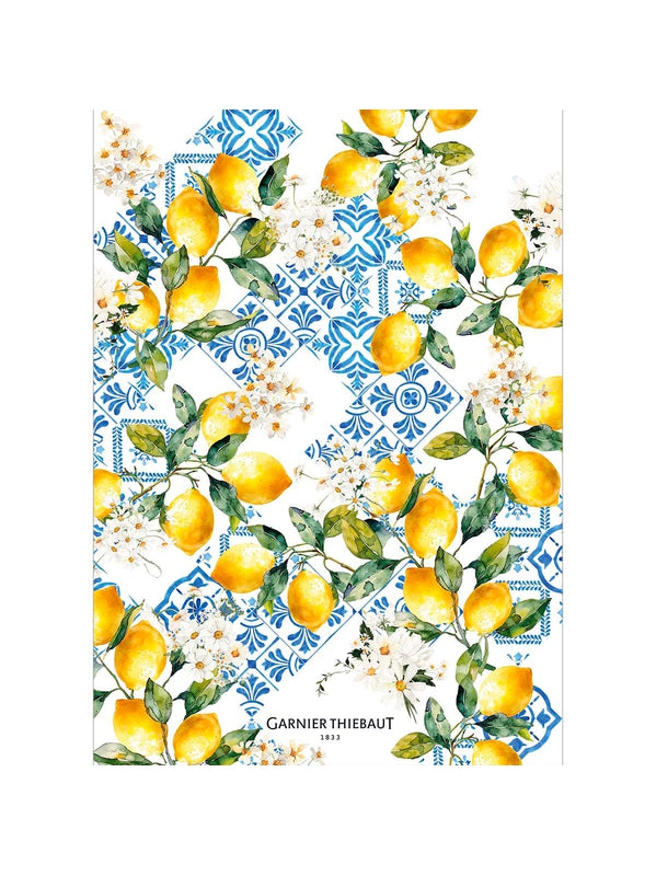 Torchon citrons azulejos bleu 50x70 en coton et lin, motif méditerranéen