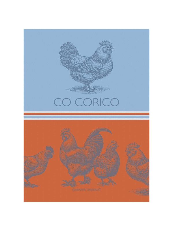 Torchon Coq Corico Tango bleu 56x77 cm en coton avec motif graphique