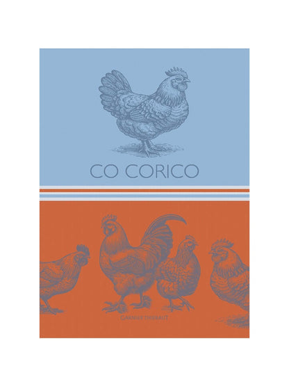 Torchon Coq Corico Tango bleu 56x77 cm en coton avec motif graphique