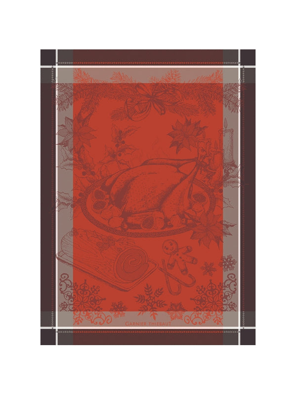 Torchon de cuisine rouge vermillon motif dinde de Noël 56x77 en coton