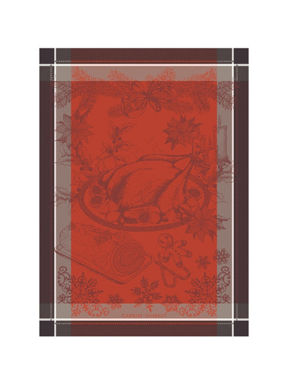 Torchon de cuisine rouge vermillon motif dinde de Noël 56x77 en coton
