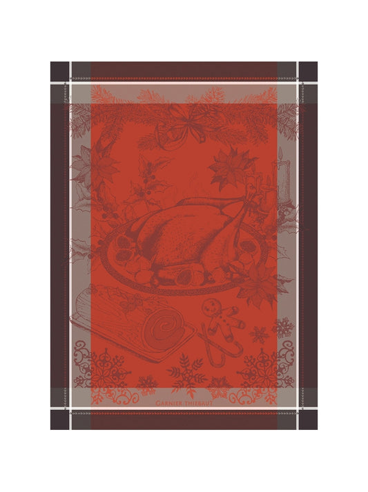 Torchon de cuisine rouge vermillon motif dinde de Noël 56x77 en coton