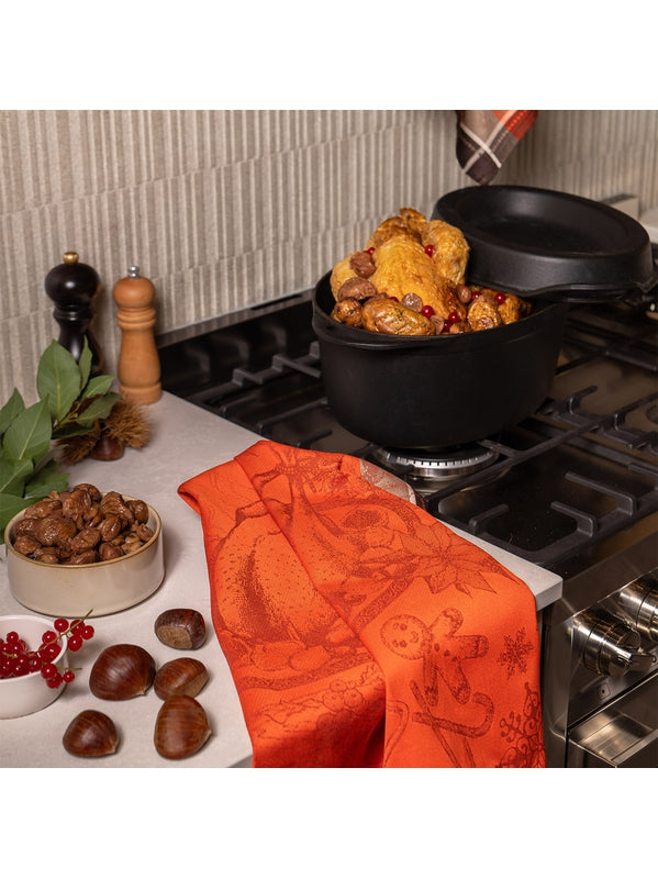 Torchon de cuisine rouge vermillon motif dinde de Noël 56x77 en coton