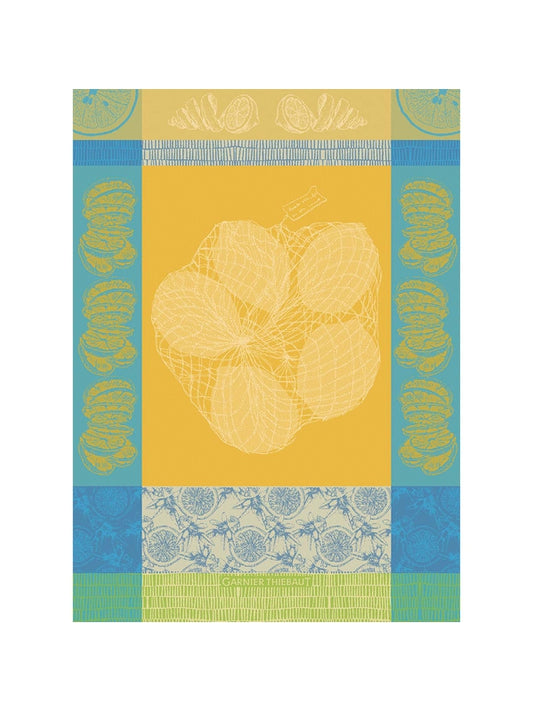Torchon jaune 100% coton motif filet de citrons, format 56x77 cm