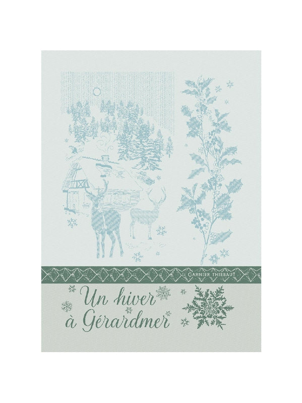 Torchon hiver Gérardmer Givre 50x70 en coton bleu lagon avec motif hivernal