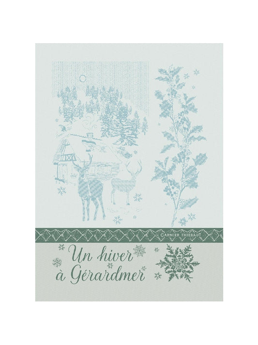 Torchon hiver Gérardmer Givre 50x70 en coton bleu lagon avec motif hivernal