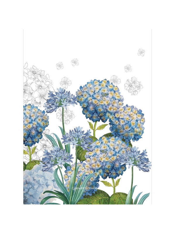 Torchon de cuisine bleu motif jardin d'hortensias, format 50x70 cm