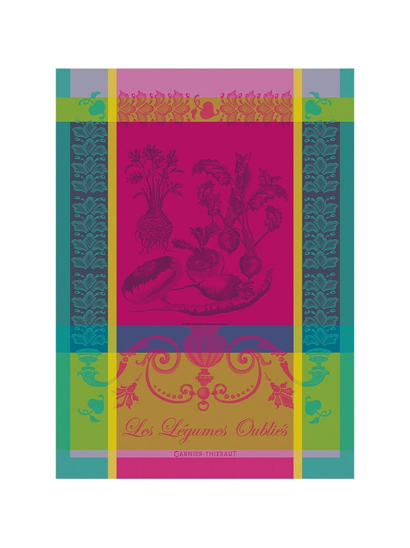 Torchon 100% coton motif légumes oubliés fuchsia 56x77 cm