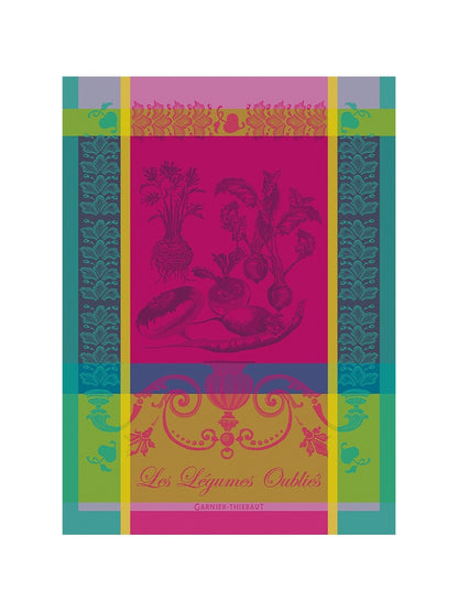 Torchon 100% coton motif légumes oubliés fuchsia 56x77 cm