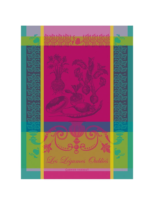 Torchon 100% coton motif légumes oubliés fuchsia 56x77 cm