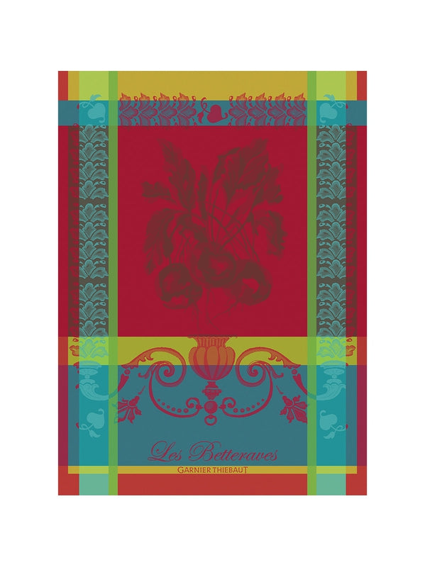Torchon 100% coton Les Betteraves rouge 56x77 cm, motif betteraves et finition ourlet