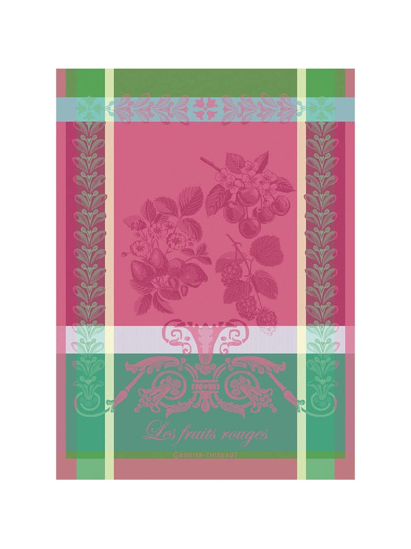 Torchon 56x77 en coton motif fruits rouges framboise, coloris rose