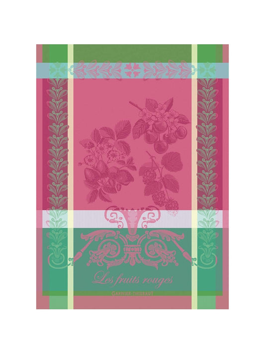 Torchon 56x77 en coton motif fruits rouges framboise, coloris rose