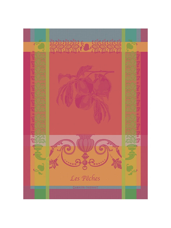 Torchon Les Pêches Rose en coton 56x77 cm, motif pêches sur fond rose
