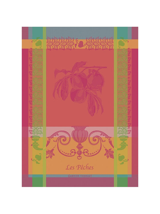 Torchon Les Pêches Rose en coton 56x77 cm, motif pêches sur fond rose