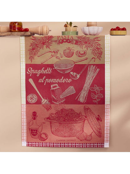 Torchon de cuisine 100% coton rouge motif spaghetti pomodoro basilic 56x77 cm