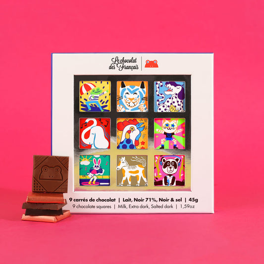 Coffret de 9 carrés de chocolat bio animaux - Le chocolat des français