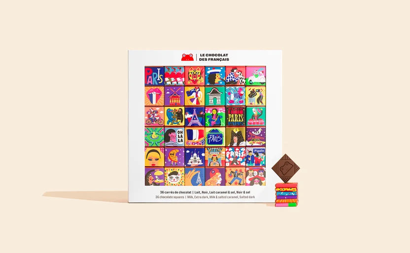 Coffret de 36 carrés de chocolat bio - Écrin illustré des symboles de Paris
