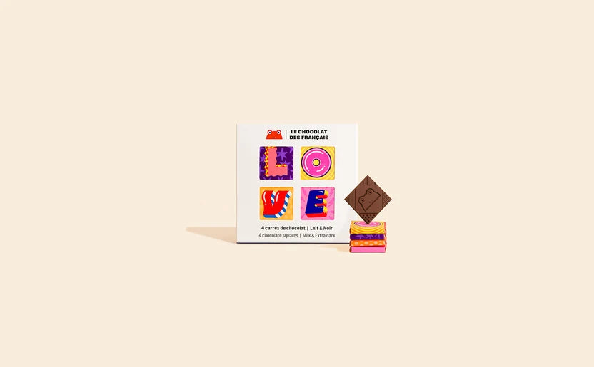 Coffret Love de 4 carrés de chocolat bio - Écrin illustré par Axelle Doppelt