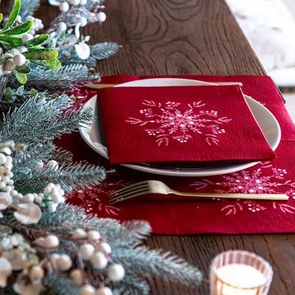 Serviette de table motif flocon de neige fond rouge