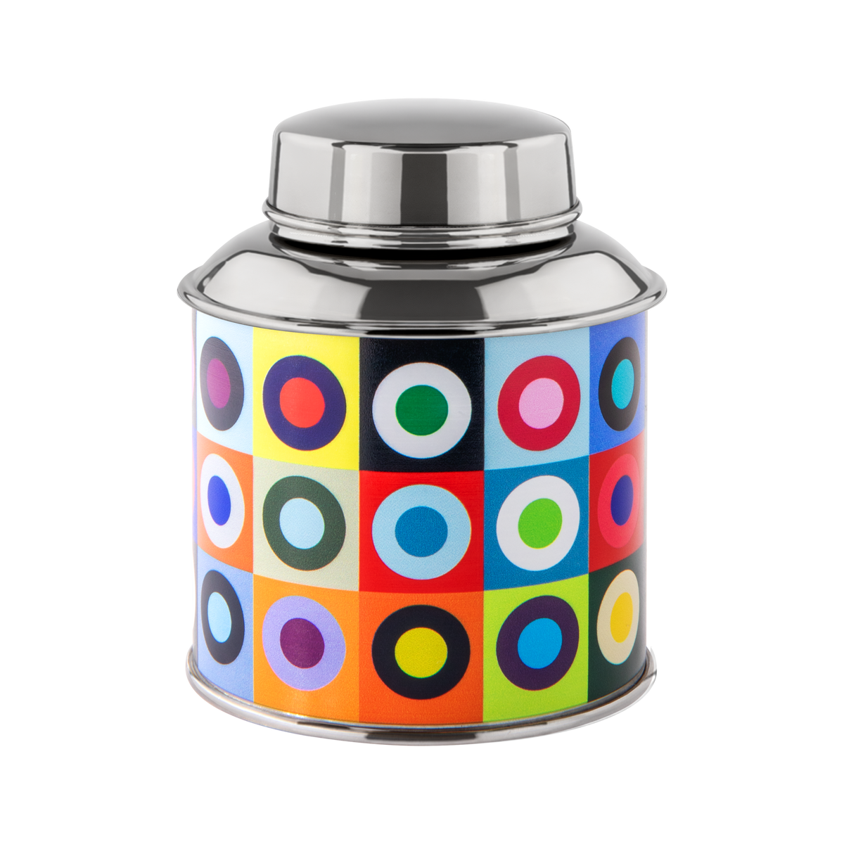 Boîte à thé Rondo en acier au décor graphique et coloré