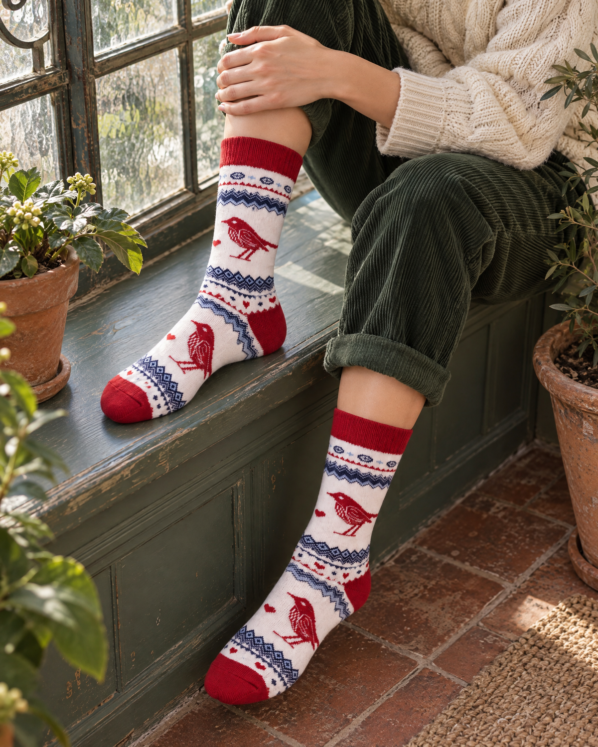 Chaussettes Fugl Bird and Heart Nordic Socks - Polar Star, motif intérieur
