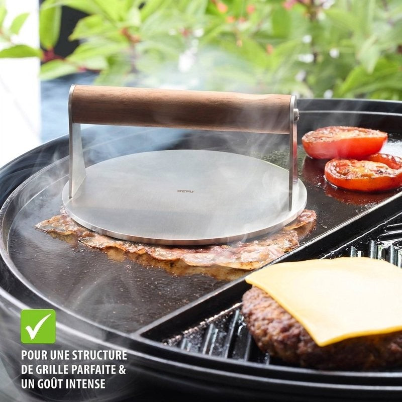 Presse à hamburger smash Gefu en acier inoxydable avec poignée en noyer