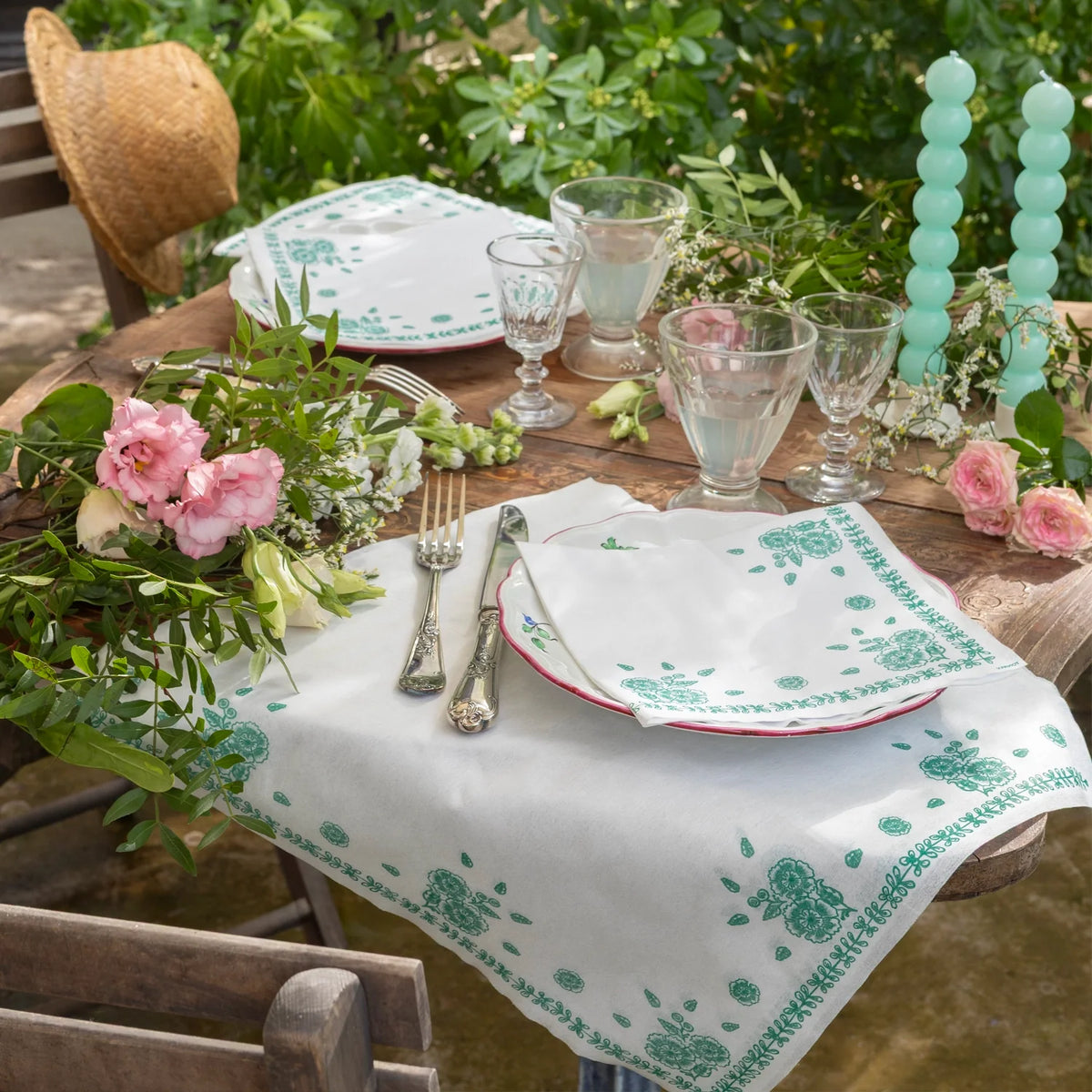 Serviette compostable motif floral vert patiné