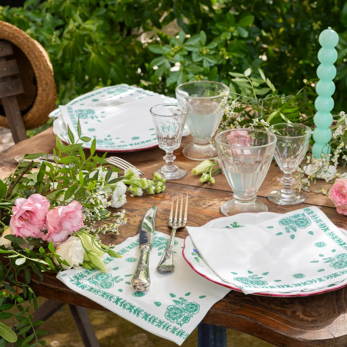 Serviette compostable motif floral vert patiné