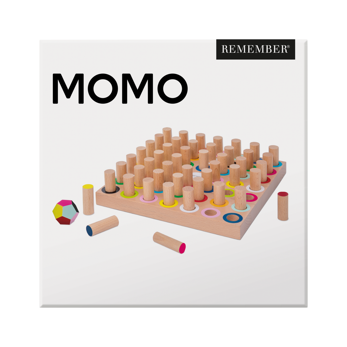 Jeu de mémoire Momo avec plateau et pions colorés en hêtre