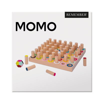 Jeu de mémoire Momo avec plateau et pions colorés en hêtre