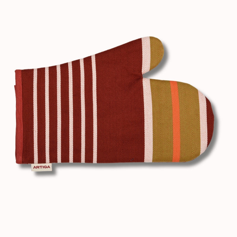 Moufle Artiga Sarron - rayures colorées sur fond rouge profond