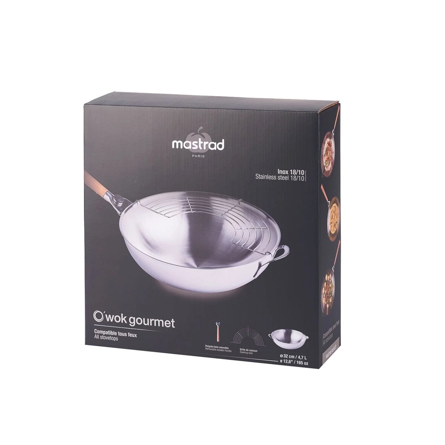 Wok de cuisine - Couvercle et poignée - 4,2L - Panier vapeur - Inox - 32 cm - Tous Feux - O'Wok Gourmet - Mastrad