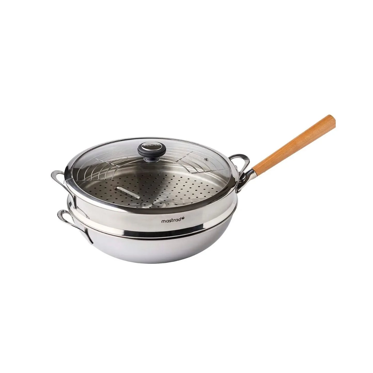 Wok de cuisine - Couvercle et poignée - 4,2L - Panier vapeur - Inox - 32 cm - Tous Feux - O'Wok Gourmet - Mastrad